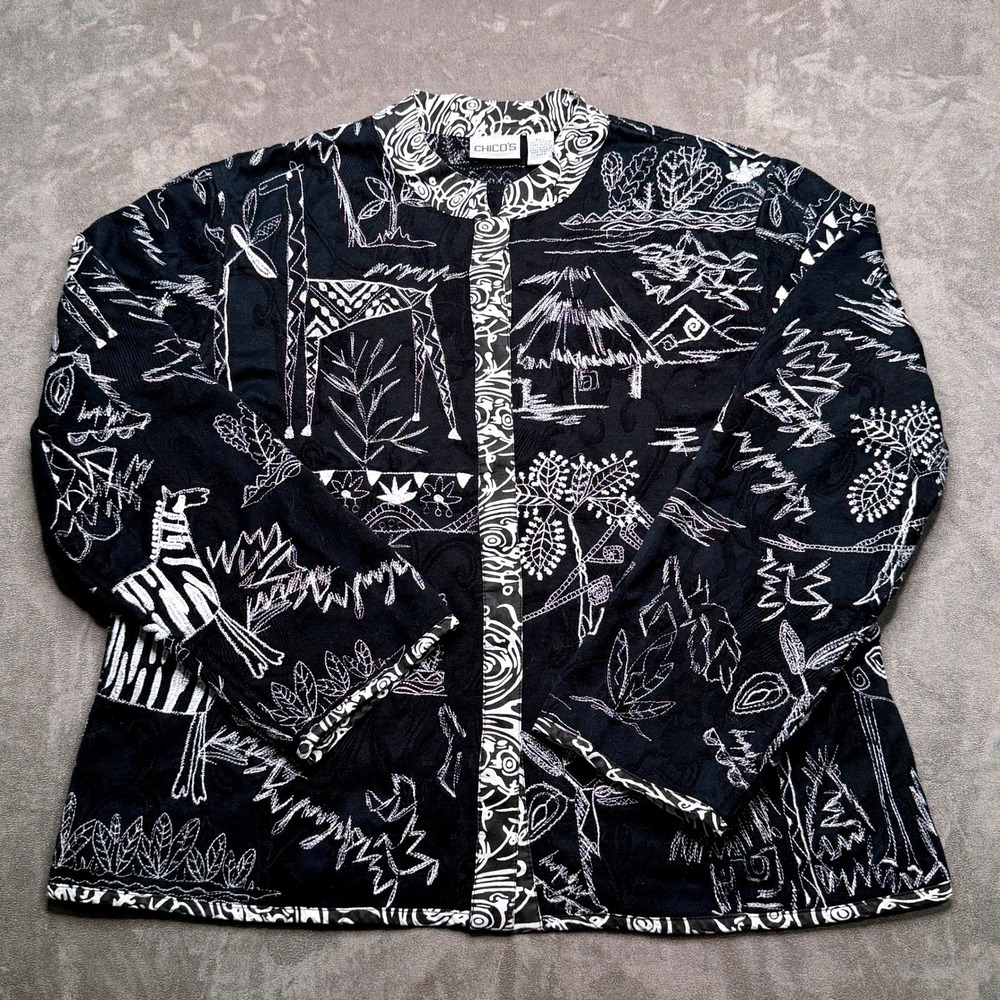 Vtg Chico's Jacket Womens Large (2) Black White Safari Embroidered‎ Cotton Y2K